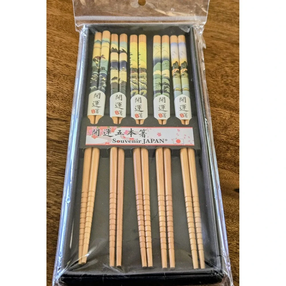 Decorative Landscape Set Of Five (5) Bamboo Chopsticks By Souvenir JAPAN
